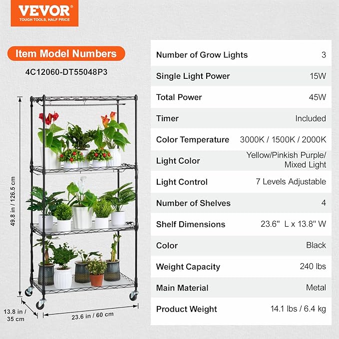 VEVOR Plant Stand with Grow Light 4-Tier Plant Shelfwith 45W Full Spectrum LED 3 Mode Plant Light with Timer and Wheel for Seed Starting Metal Plant Rack for Indoor Plants