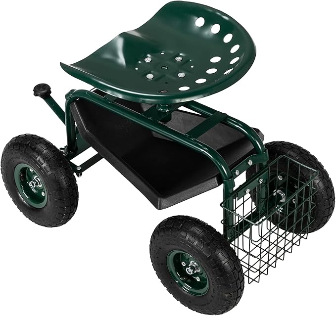 Steel Frame Garden Seat Cart with 360° Swivel Seat – 29.5x17.7x18.5 Adjustable Yard Cart with Tool Tray Pneumatic Tires &amp 330 lbs Capacity