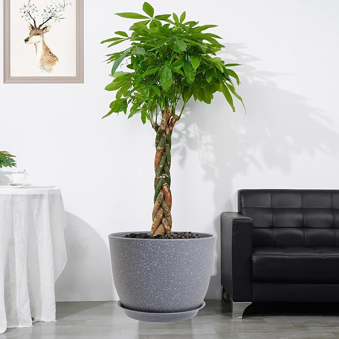 12/10/9 Large Modern Plant Pots Plastic Planters with Drainage Holes and Saucers for Indoor Outdoor Plants Flowers Grey Speckles