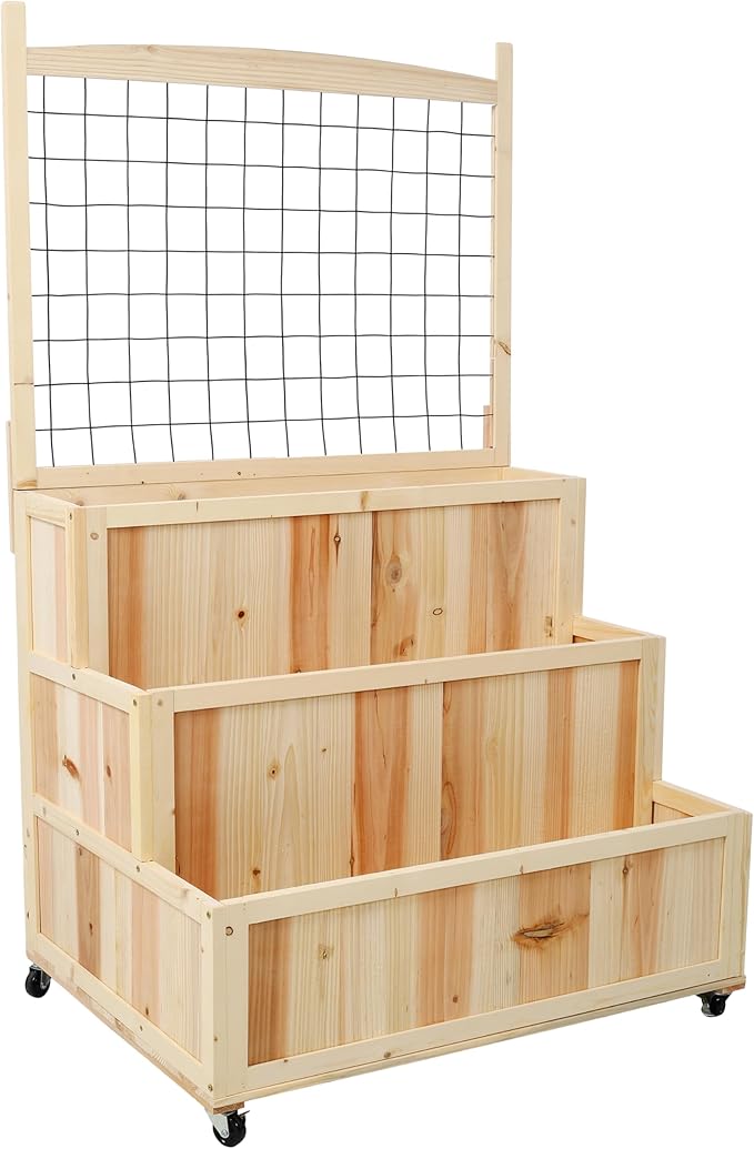 3-Tier Raised Garden Bed with Trellis &amp Wheels – 53 H Vertical Wooden Planter Box for Flowers Vegetables Herbs -Includes Storage Back Panel