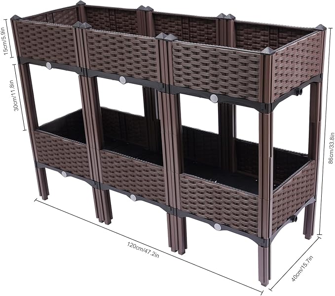 Raised Garden Bed with Legs Garden Boxes Plant Pots Self-Watering Plastic Planter for Indoor Outdoor Vegetables Fruits Potato Flowers (Brown 3+3 Boxes)