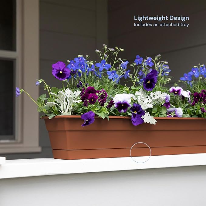 Bloem Dura Cotta Window Box Planter: 24 - Terra Cotta - with Tray Weatherproof Resin Box Removable Tray for Indoor &amp Outdoor Use Gardening 3 Gallon Capacity