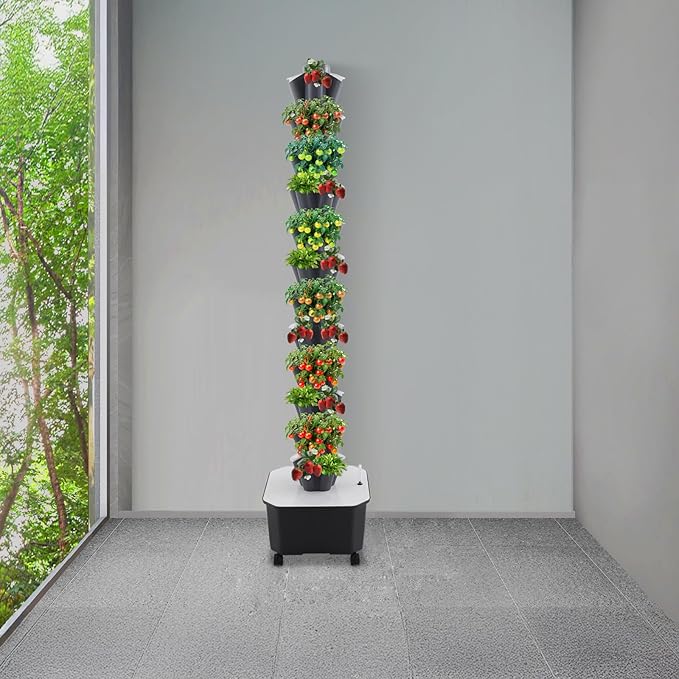 12-Tier Hydroponic Growing Tower 60-Plant Indoor Gardening System w/Automatic Water Circulation Vertical Aeroponic Tower Garden for Herbs Vegetables Fruits (Grey 60-Plants)