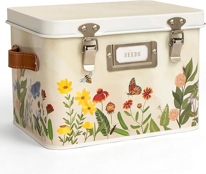 1Canoe2 Wildflower Botanicals Tin Seed Organizer Storage Box Garden Seed Packet Vault Container Gardening Supplies Greenhouse Accessories Gardening Gifts for Women
