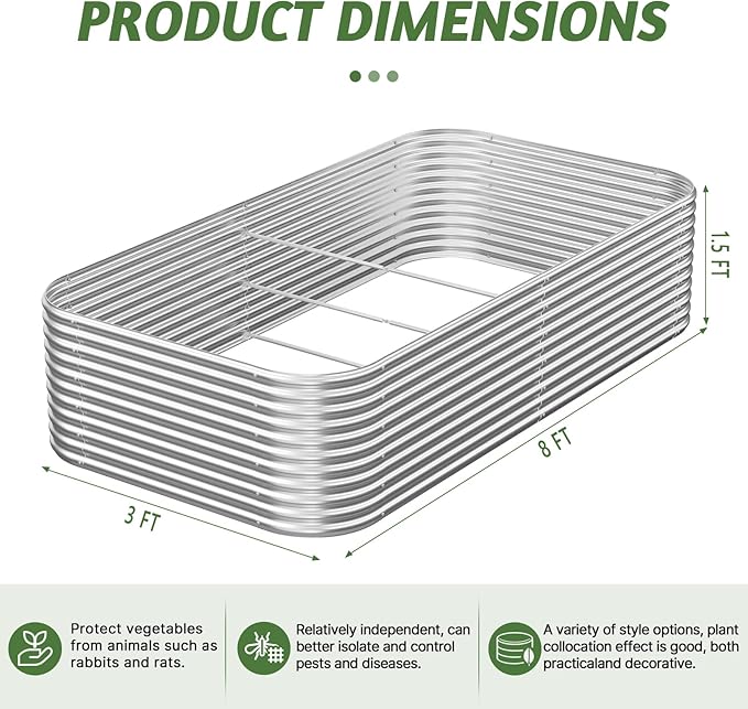 2 Pack Tall 8x3x1.5FT Raised Beds for Gardening Corrugated Galvanized Steel Raised Garden Bed Outdoor Metal Above Ground Garden Bed for Vegetables and Flowers