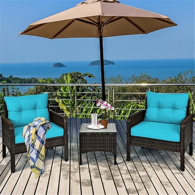 Pemberly Row 3-Piece 26'' Rattan Conversation Set Outdoor Seating Ensemble Built for Casual Comfort and Interaction Turquoise