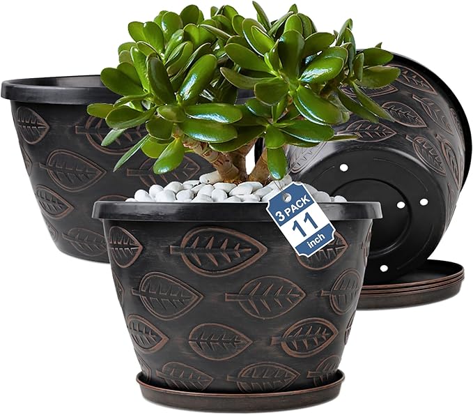 3 Pack Flower Pots Outdoor 11 Inch Plant Pots Indoor Large-Plastic-Plant-Flower-Planters-Pots with Drainage Hole &amp Tray Modern Decorative Garden Pot with Saucer(Brown)