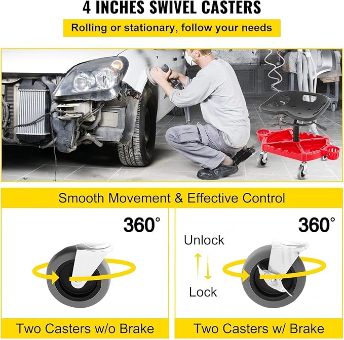Rolling Garage Stool 300Lbs Capacity Adjustable Height 18-23In 360° Swivel Wheels 4 Large Tool Tray with Two Bottle Holders for Workshop Auto Repair Shop Red