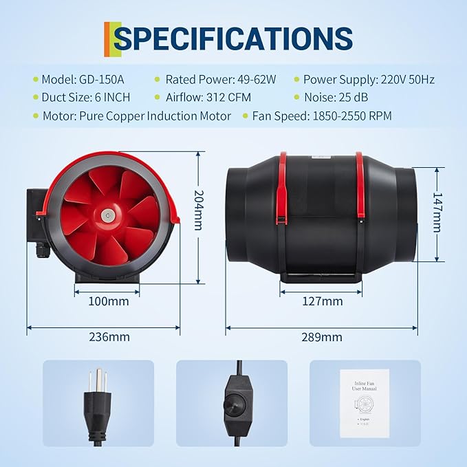 6 Inch Inline Duct Fan with Stepless Speed Control IPX2 Waterproof Energy Efficient Ventilation 312 CFM 25dB for Hydroponics Grow Tents Greenhouse Bathroom Kitchen Exhaust Fan Blower