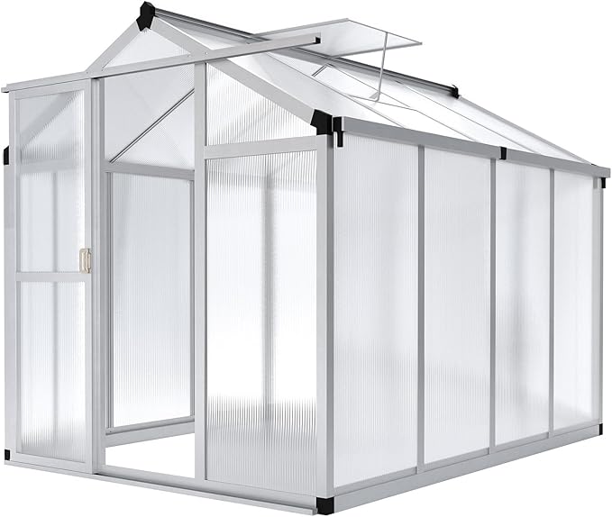 GAOMON 6 x 8 ft Greenhouse for Outdoor with Sliding Door Green House with Polycarbonate Panel &amp Ajustable Roof Vent &amp Ground Nails Walk-in Aluminum Greenhouses for Garden Patio