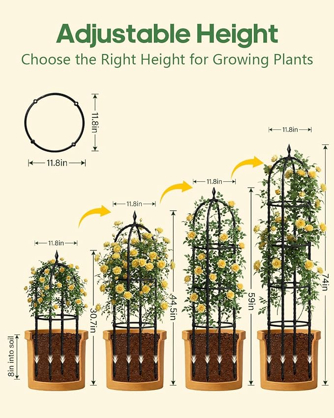 Joyhalo 2 Pack Trellis for Climbing Plants Outdoor 74 Inch High Adjustable Garden Trellis for Flowers Black Plastic Coated Steel Plant Stakes Use As Tomato Cage