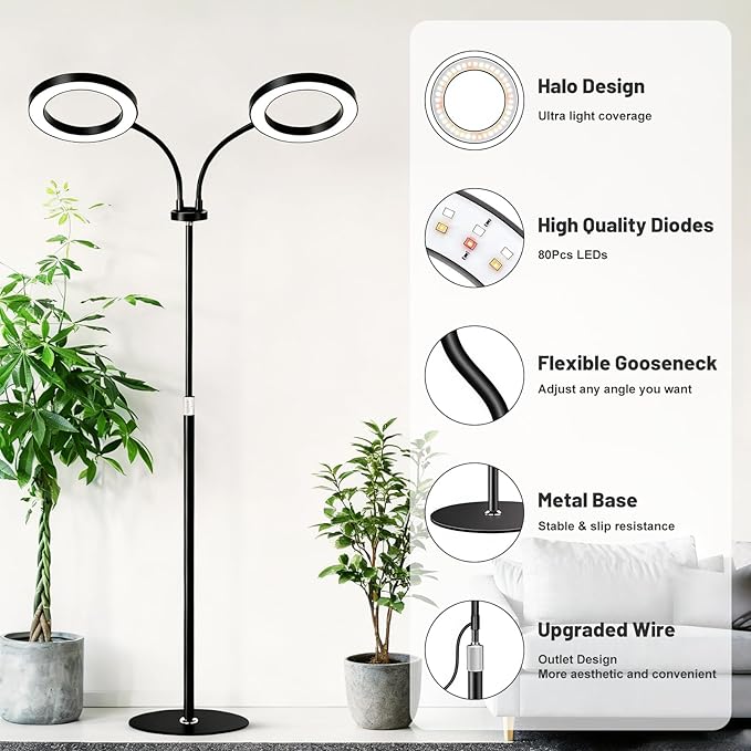 48W LED Grow Light for Indoor Plants Dual-Head Plant Light with Full Spectrum Adjustable Height 23-67 Timer &amp Dimming UV Light for Plants Indoor Grow Lamp for Tall Houseplants