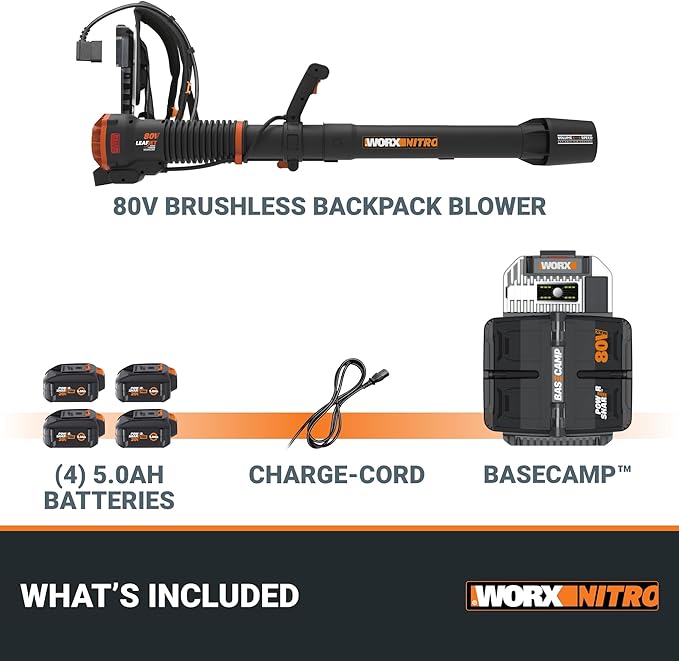 WORX Nitro WG572 80V Cordless Leaf Blower Backpack Blower with 800CFM &amp 150MPH Electric Blower for Lawn Care with Brushless Motor &amp Variable Air Control 4 Batteries &amp Basecamp Charger I