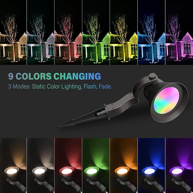 GOODSMANN Landscape Lighting Low Voltage Path Lights 2PK LED 1.5W 100 Lumens Pathway Lights and 4PK RGBW 12W 650 Lumens Spotlights Floodlight Outdoor Lights with Metal Spike and Connector