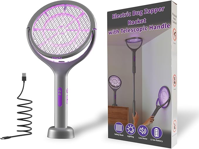 Rechargeable Electric Fly Swatter Telescopic Handle with Rotating Head 1200mAh Type-C Charging Indoor &amp Outdoor Handheld Bug Zapper for Mosquitoes and Flies