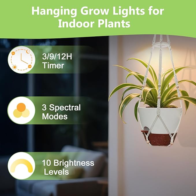 2 Pack Hanging Planters with Grow Light for Indoor Plants 10” Self Watering Pots for Apartments &amp Low-Light Rooms Macrame Hangers Timer Drainage Holes &amp Removable Tray