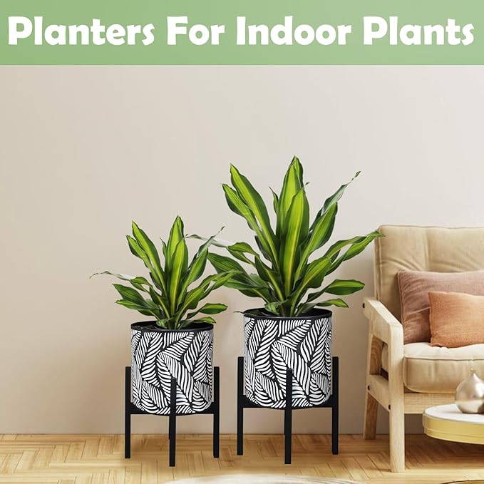 10 &amp 12 Inches Plant Pot with Stand Set of 2 Decorative Palm Leaves Printing Planter with Holder Garden Pot for Snake Plant Monstera Houseplants - Indoor Outdoor Flower Pots with Drainage Hole