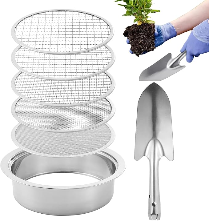 Stainless Soil Sieve Set – 5 Interchangeable Mesh 1 3 6 9 12mm Screens with Shovel | Garden Potted Plant Sifting Tool for Sand Compost Potting Mix Preparation Use
