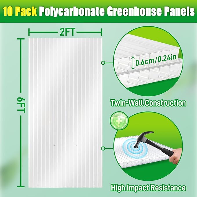 10 Pack Polycarbonate Greenhouse Panels 6' x 2' x 0.24'' Twin-Wall Polycarbonate Sheets All Weather Clear Roof Panels Greenhouse Replacement Panels