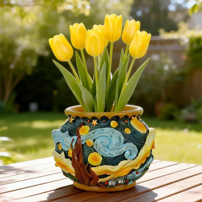 Starry Night Floral Planter Unique and Interesting Abstract Art Flower pots Vibrant Colors Perfect for Home/Garden Artistic Decoration (Starry Sky)