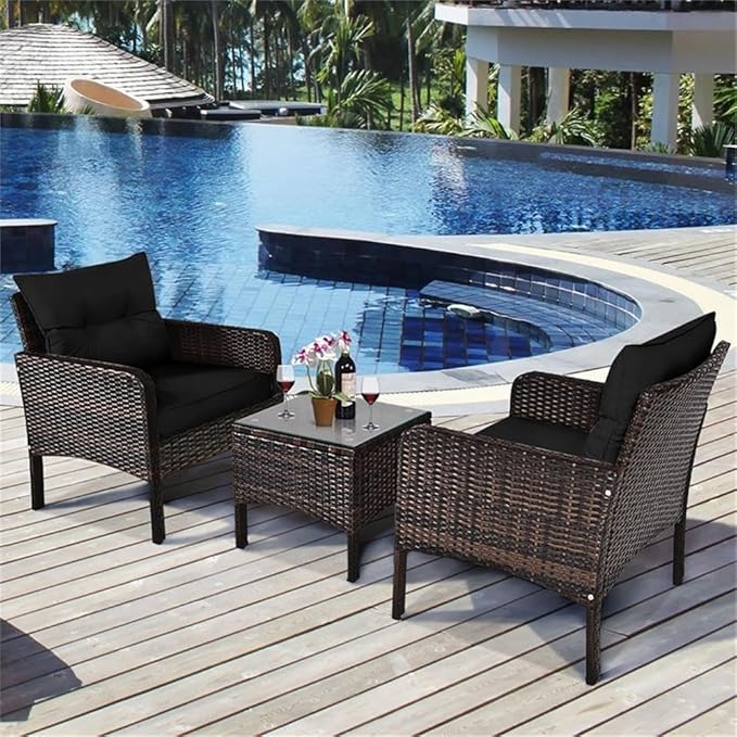 Pemberly Row 3-Piece 26'' Rattan Conversation Set Outdoor Seating Ensemble Built for Casual Comfort and Interaction Black