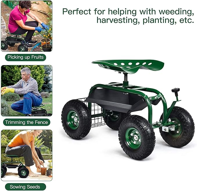 GRAFFY Garden Cart w/Wheels Mobile Rolling Work Seat w/Tool Tray and Basket Lawn Wagon Cart with Rotating and Adjustable Seat Patio Yard Stool Cart Green
