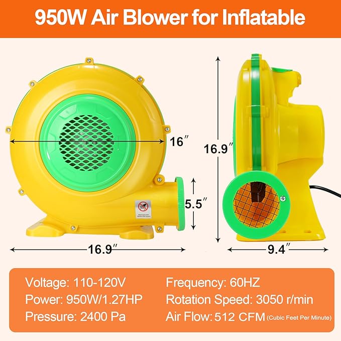 Bounce House Blower 950W/1.27HP Commercial Air Blower with Double-Sided Fan Blade Design Strong Wind and Great Heat Dissipation Properties for Bouncy Castle Jump Slides Arch Inflatables