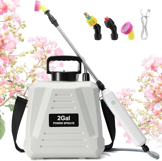 Battery Powered Sprayer 2 Gallon Powerful Electric Garden Sprayer with 3 Mist Nozzles USB Rechargeable Handle Retractable Wand and Adjustable Shoulder Strap for Irrigation Weeding (White)