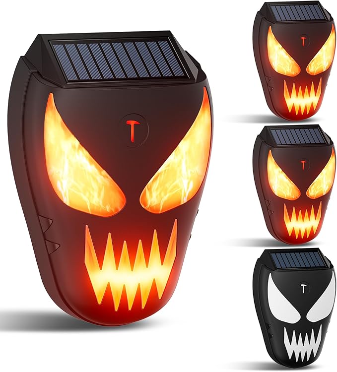 Solar Coyote Deterrent Predator Lights - Nocturnal Animal Repeller with Flame LED Flashing Lights for Chicken Coop Yard &amp Garden Protection Against Raccoons Foxes Deer Skunks Hawks 4 PCS