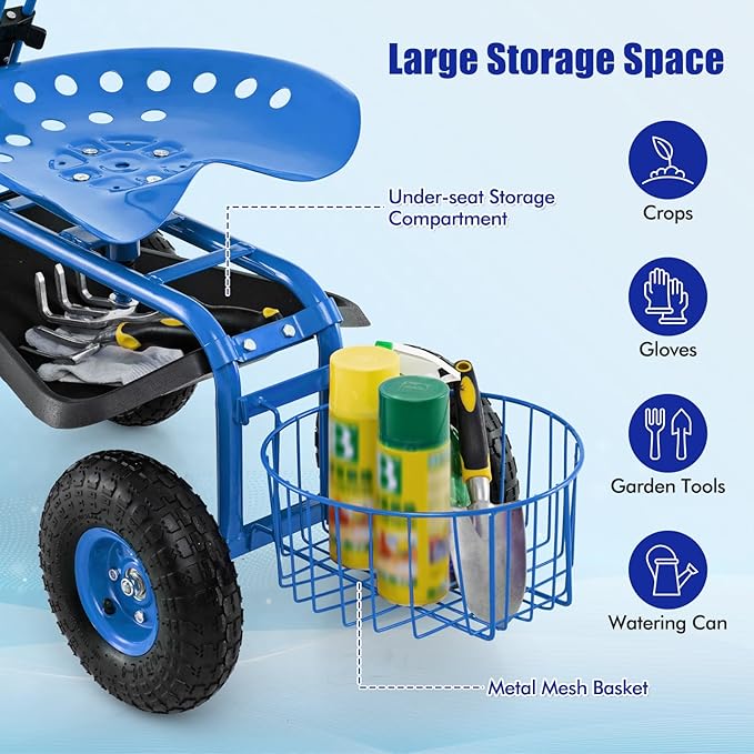 Goplus Rolling Garden Cart with Seat Outdoor Garden Stool with Wheels Tool Tray &amp Basket Adjustable Steering Handle 360 Degree Swivel Seat for Planting Gardening Scooter for Lawn Yard Patio