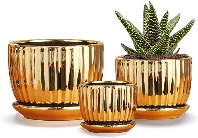 Ton Sin Gold Plant Pots4.1+5.1+6.5 Inch Ceramic Succulent Planters Set of 3 Mini Indoor Flower Pot with DrainageHandmade Decorative Ceramic Orchid and Herb Pots(Gold)