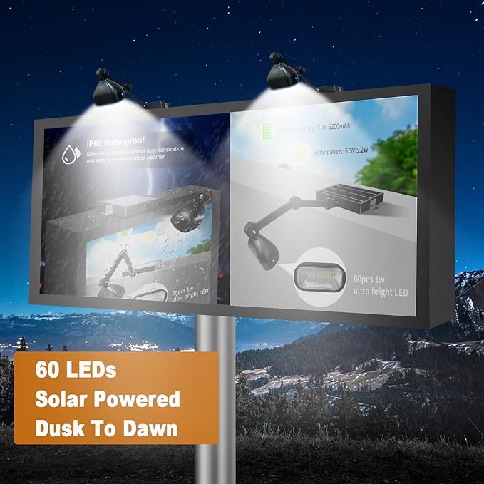 Solar Sign Lights Outdoor 60 LEDs Super Bright Billboard Lights IP65 Waterproof 3.7V 5200 mAh Commercial Solar Lights for Real Estate Signs usiness Yard Sign Lighting