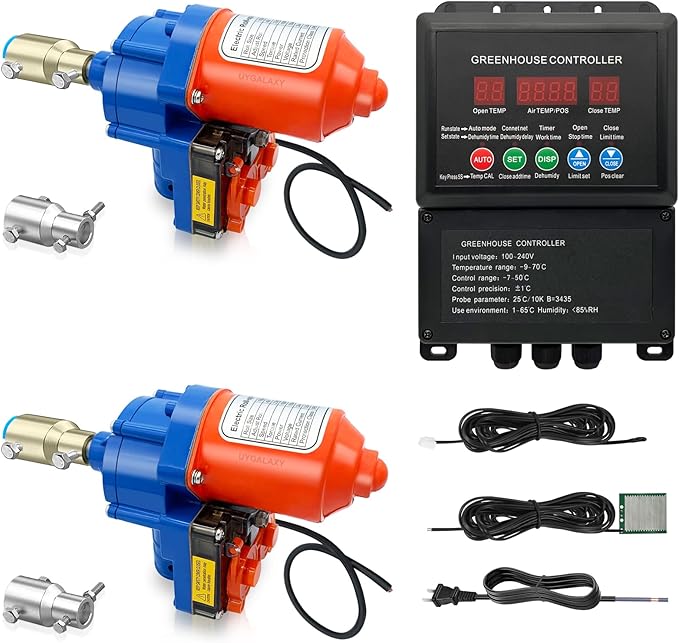 UYGALAXY Greenhouse Film Roll Up Motors Kit with Limit Switch (2 Pack) + Intelligent Thermostat Controller Electric Box (AC110V to DC24V) for Top Greenhouse Ventilation Automatic Venting