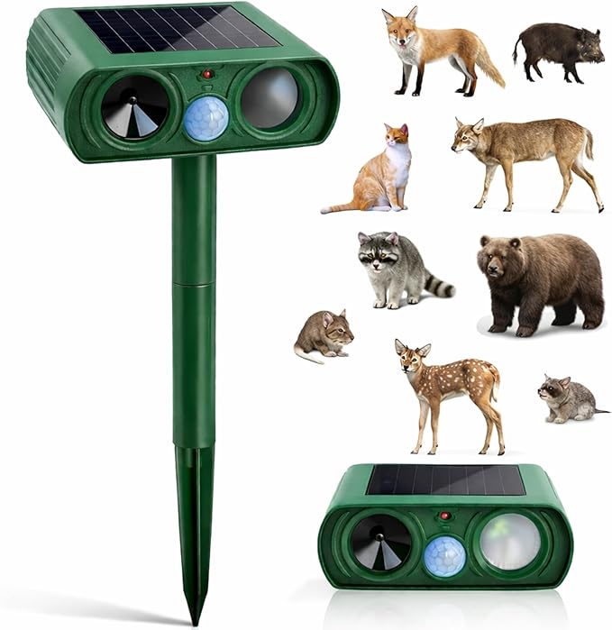 Solar Powered Animal Repellent Motion Sensor for Gardens - Ultrasonic Outdoor Animal Repeller with Adjustable Frequency &amp Waterproof Design - Deer Repellent Devices Protect Yard from Damage