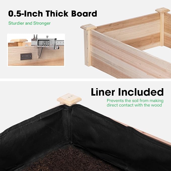 VIVOSUN 8×2Ft Wooden Raised Garden Bed 97 x 25 x 11 Inches Outdoor Wood Planter Box with Gloves and a Liner for Garden Patio Balcony Backyard and Outdoors