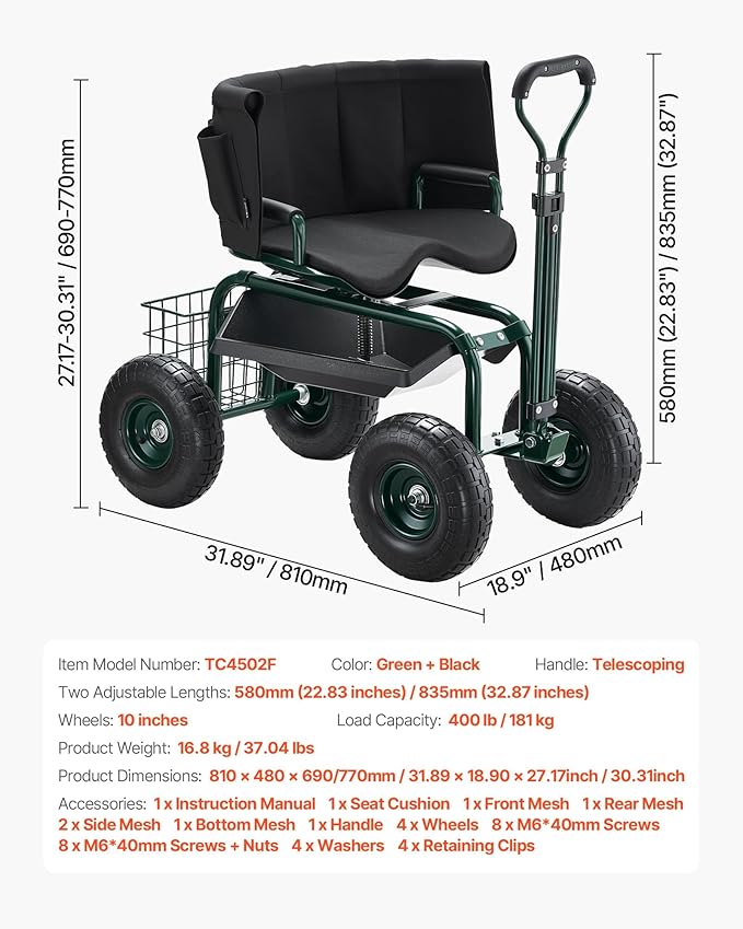 VEVOR Garden Seat with Wheels Rolling Garden Stool with Height Adjustable &amp 360° Swivel Seat 400lbs Weight Capacity Gardening Cart Bench Ergonomic Backrest &amp Tool Storage for Yard Patio