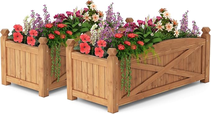 2 Pcs Raised Garden Bed 36”L x 16”W x 15”H Wooden Planter Boxes w/Drainage Holes &amp Removable Base Rectangular Garden Bed for Flowers Herbs Vegetables Fruits Patio Balcony Yard