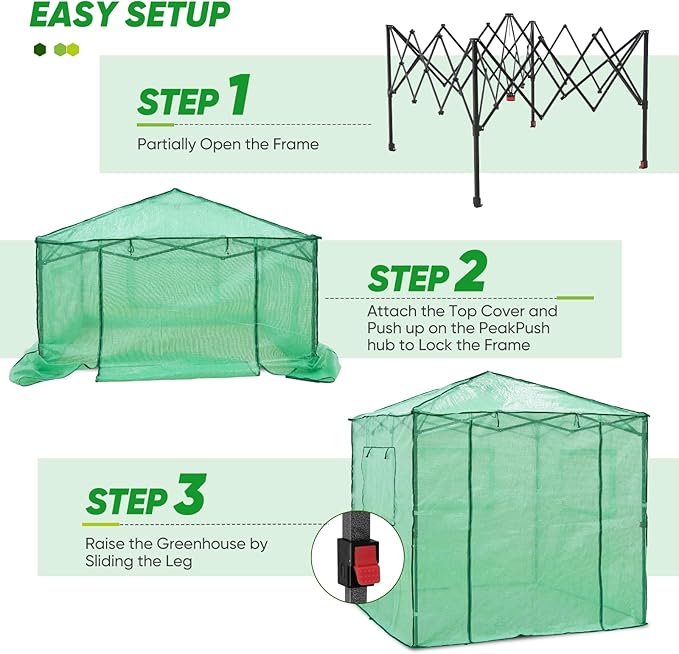 EAGLE PEAK 7x7 Portable Walk in Greenhouse Pop Up Indoor Outdoor Greenhouse Green House Kit with Zippered Roll-Up Doors and Windows + Mesh Lining &amp 2 Foldable Shelves PE Cover Clear/Green