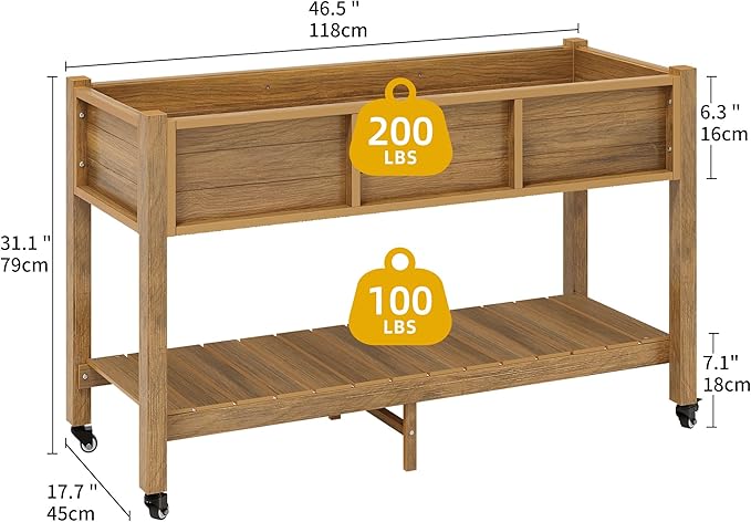 DWVO 47x18x31in Raised Garden Bed Outdoor HDPE with Legs and Lockable Wheels Weather-Resistant Poly-Wood Elevated Planter Box Double Tier Planters for Backyard Patio Balcony Brown