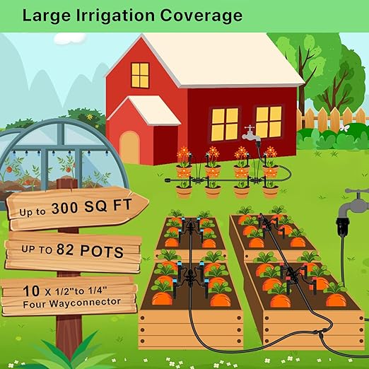 250FT Drip Irrigation Kit – 2026 New Quick-Connect Micro Irrigation System with 1/4'' 1/2'' Tubing Locking Nozzle Emitters Adjustable Misting Sprayers for Gardens LawnsRaised Beds and Greenhouses