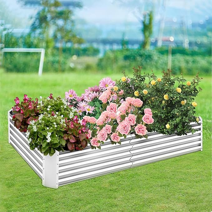 Galvanized Tall Raised Garden Bed Kit Oval Large Planting Box Rubber Strip Edging for Vegetables Outdoor Silver 6×3×1ft