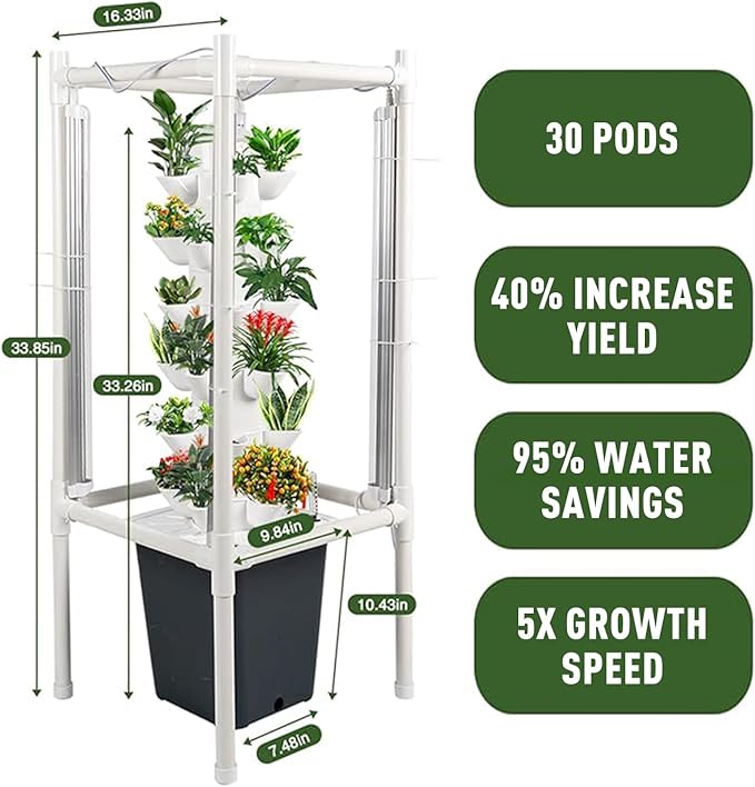 Hydroponics Tower Garden Growing System 30 Pods Indoor Gardening Vertical Garden Planter Indoor Smart Garden Kit with Pump for Gardening Lover Herbs Fruits and Vegetables White
