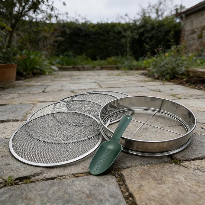 Garden Soil Sifter Easy Install Quick-Release Stainless Steel Sieve for Gravel Sawdust Vermicompost Efficient Soil Sieve Accessory for Grass Cat Litter Compost Debris Vermicompost Sifter Tool