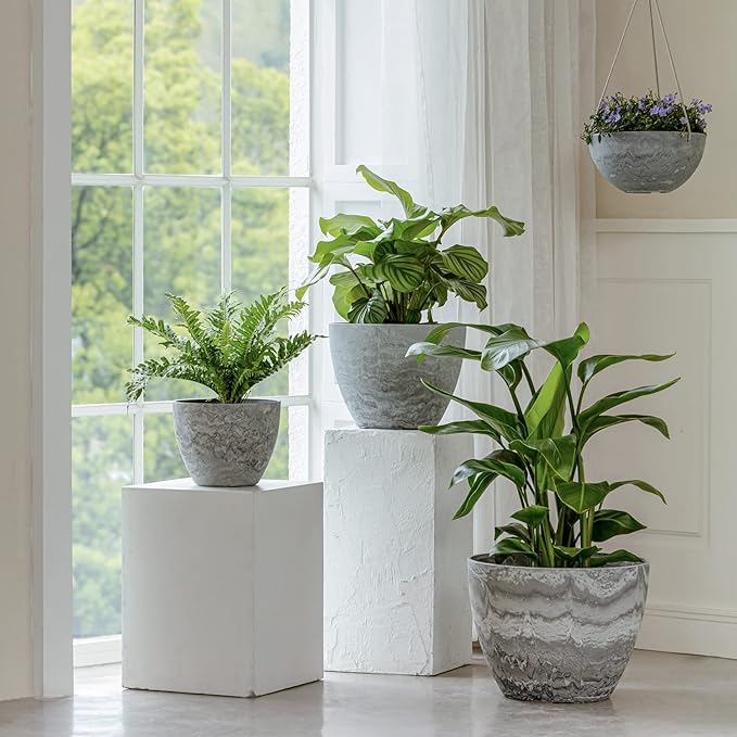LA JOLIE MUSE Flower Pots Outdoor Garden Planters Indoor Plant Pots with Drainage Holes Plastic Marble Pattern Grey Set 2 (8.6 + 7.5 Inch)