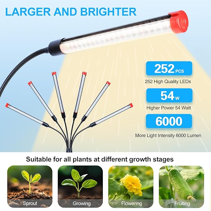 6Head Grow Light on Stand for Large and Tall Indoor Plants Bonsai Tree Bright and Big Coverage Plant Growing Lamps 4/8/12/16/20H Timer 54 Watt Power Draw NO Need Adapter 360° Gooseneck