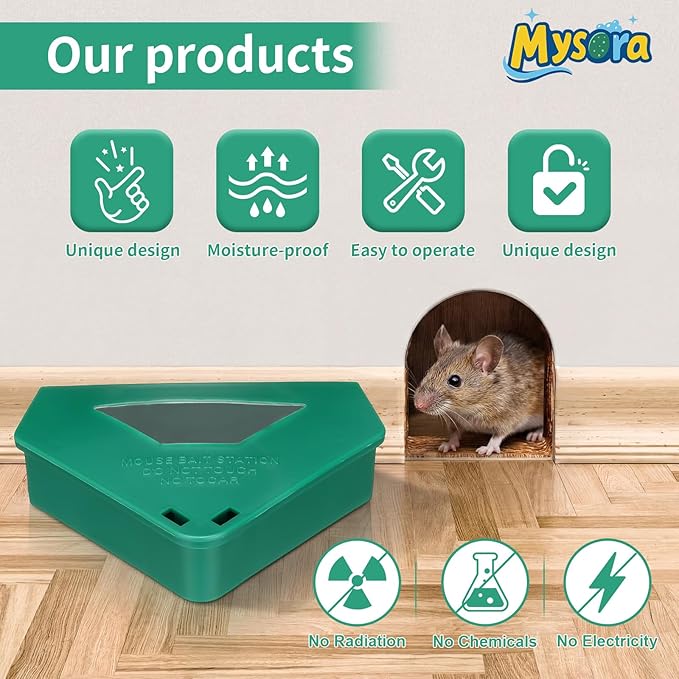 6 Pack Mouse Bait Stations with Visible Window &amp Keys Lockable Rodent Control Boxes Triangular Mice Traps Box for Indoor Outdoor Corners Garage Kitchen Bait Not Included (Green)