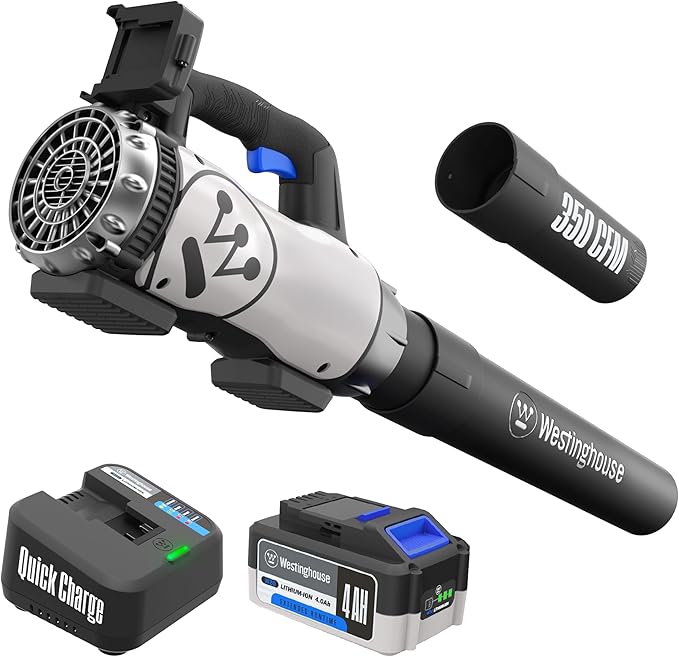 Westinghouse Cordless 20V Leaf Blower with 4Ah Battery and Charger 350 CFM and 110 MPH Max Airspeed 2 hr. Charge Time with Variable Speeds