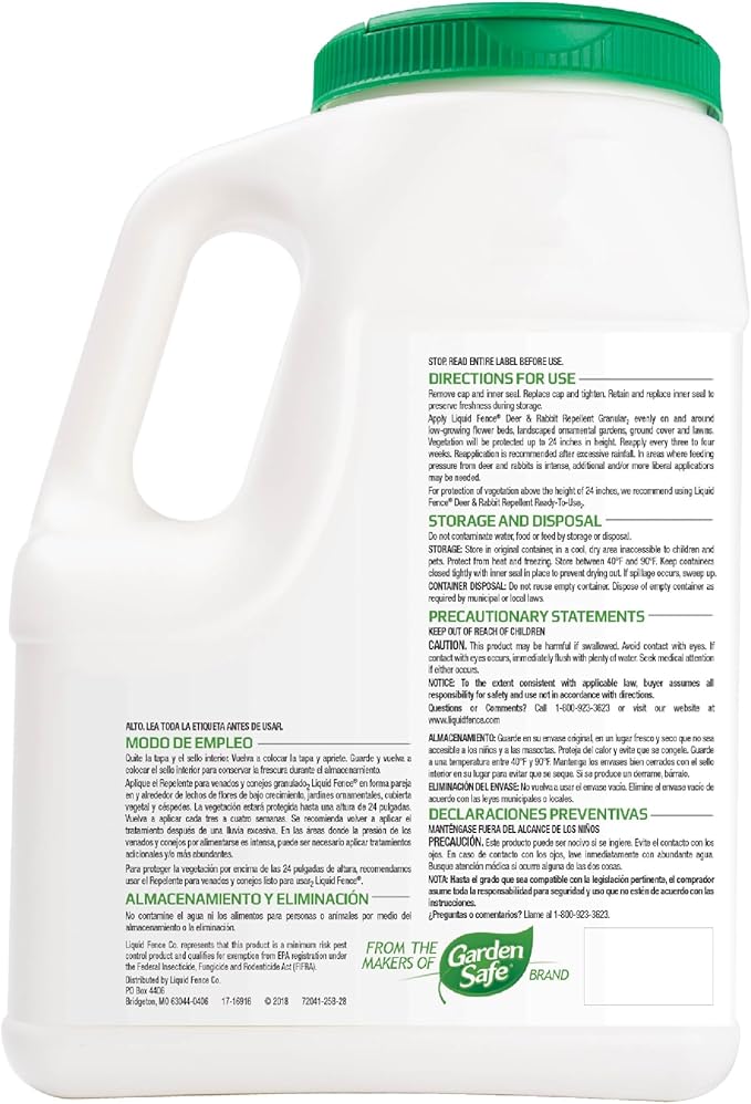 Liquid Fence Deer And Rabbit Repellent Granular 5 Pounds Harmless To Plants And Animals(Pack of 4)