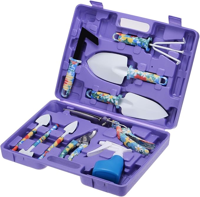 HARFINGTON 1 Set Garden Tool Set 10 Pieces Plastic Gardening Planting Tools Kit with Shovels Rake Scissor Trimmer Water Sprayer and Store Case Purple