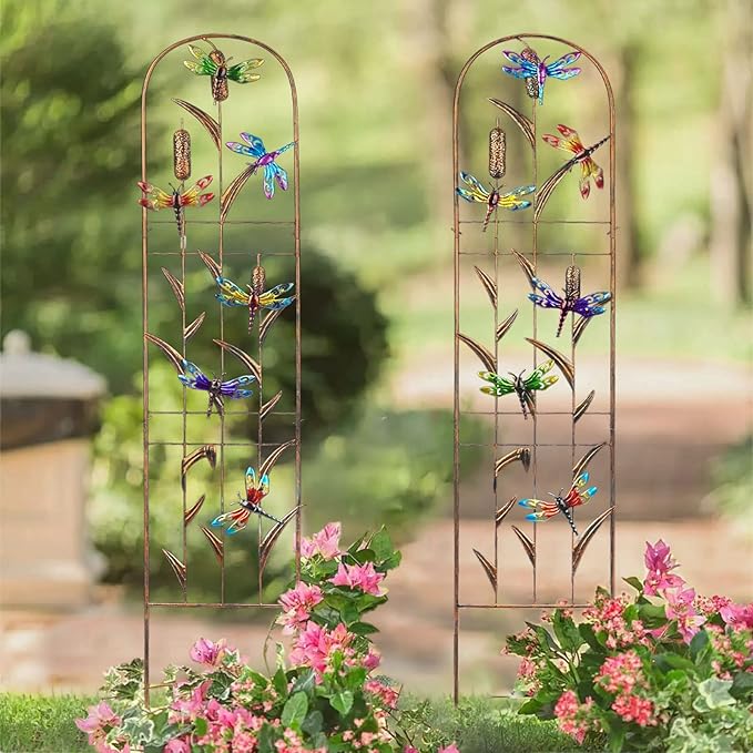 SUNNYPARK Set of 2 Dragonfly Metal Garden Trellis for Climbing Plants Decorative Vegetables Flowers Vine Trellis for Outdoor Patio 60'' H x 11'' W